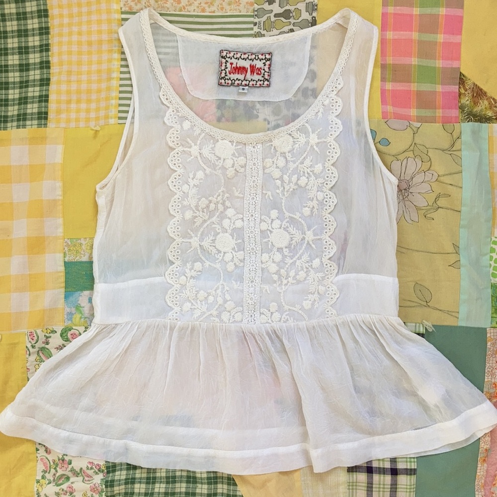 Johnny Was Embroidered White Peplum blouse small